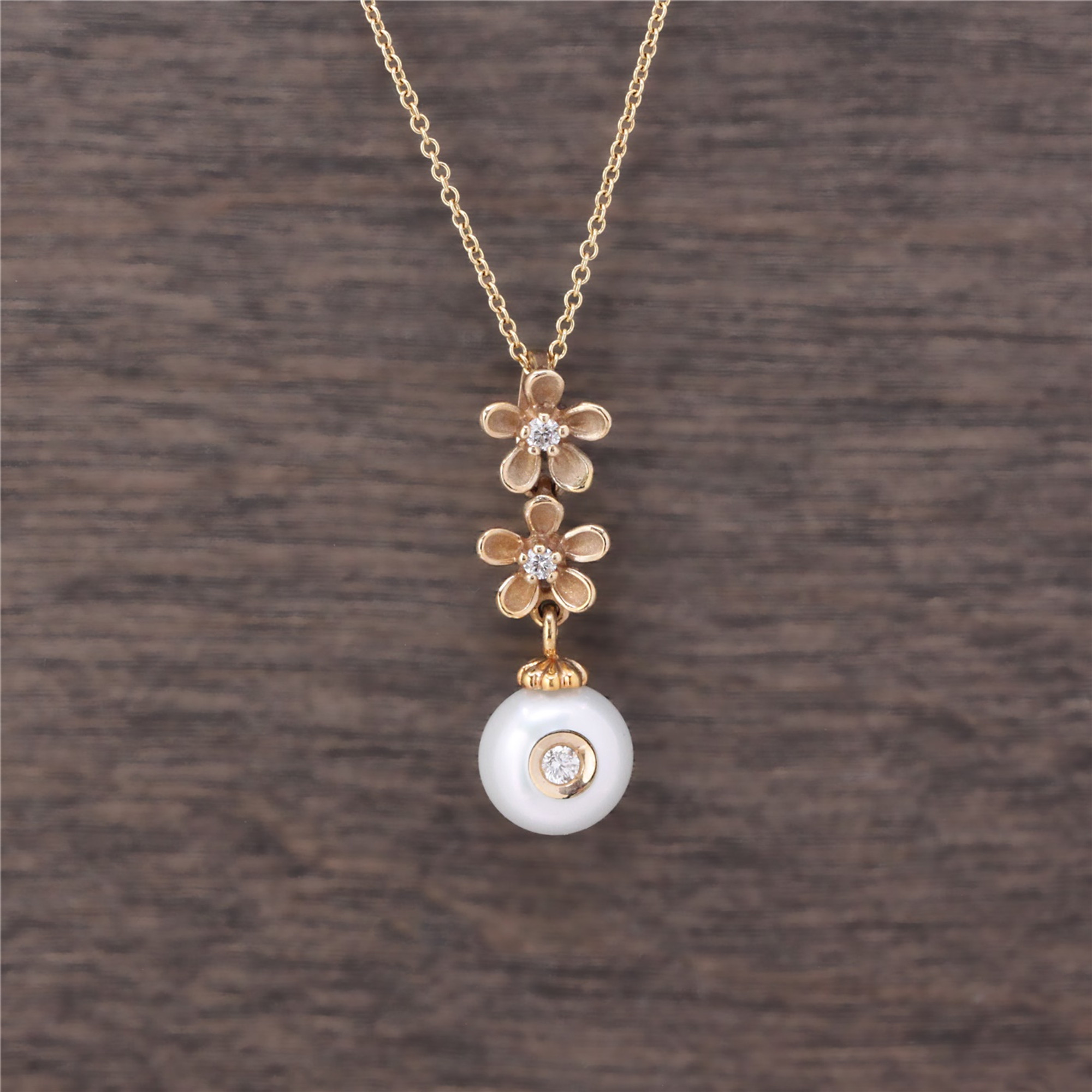 14k Yellow Gold Fresh Water Pearl & Diamond Flower Necklace by Galatea