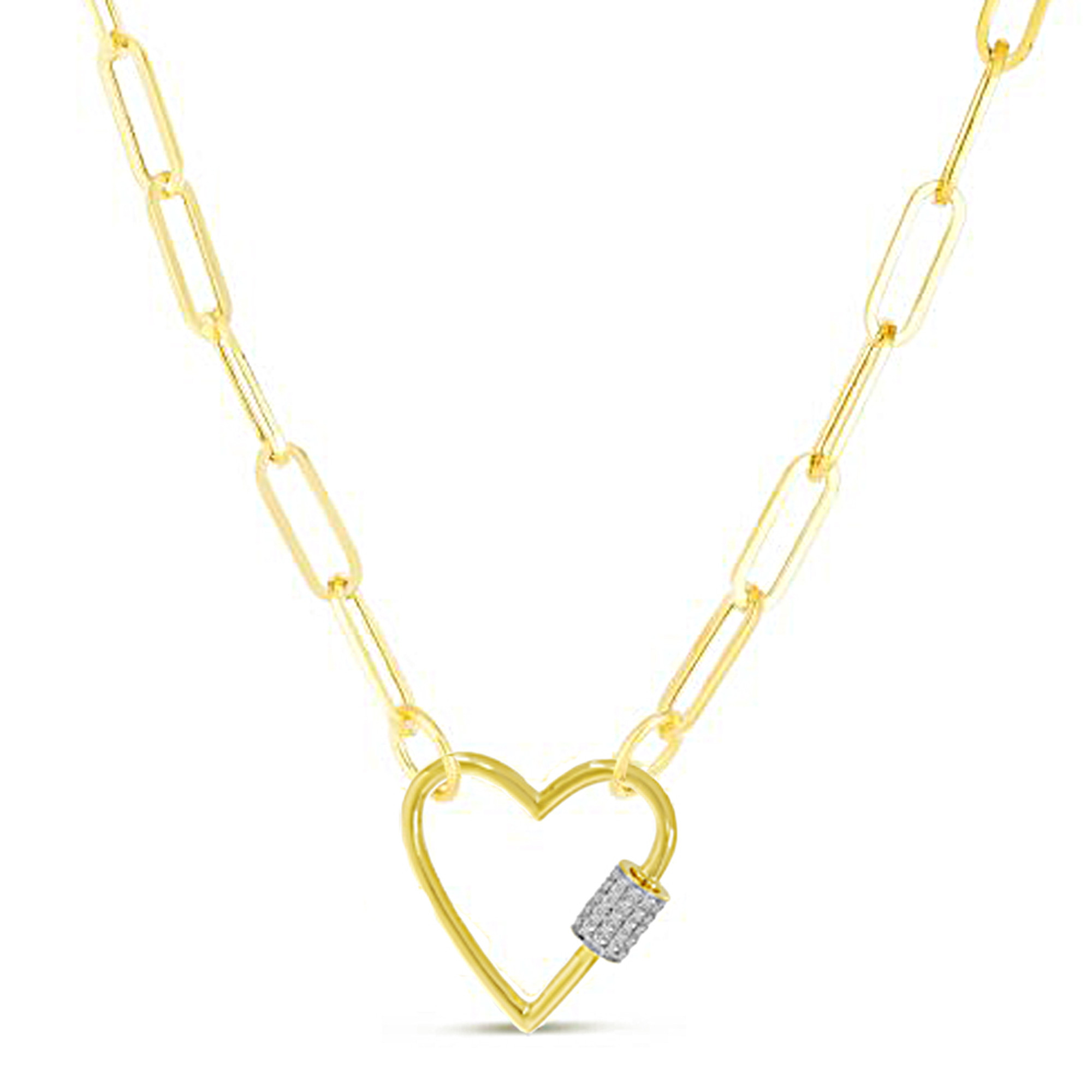 14k Yellow Gold, Diamond Heart Carabiner Paperclip Necklace