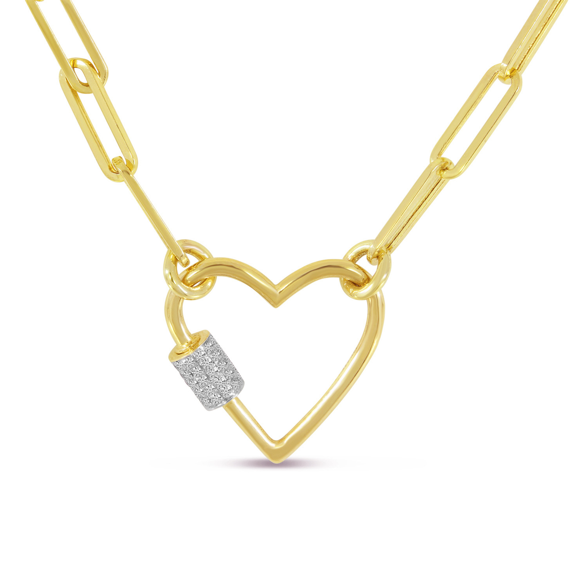 14k Yellow Gold, Diamond Heart Carabiner Paperclip Necklace 14k Yellow Gold, Diamond Heart Carabiner Paperclip Necklace