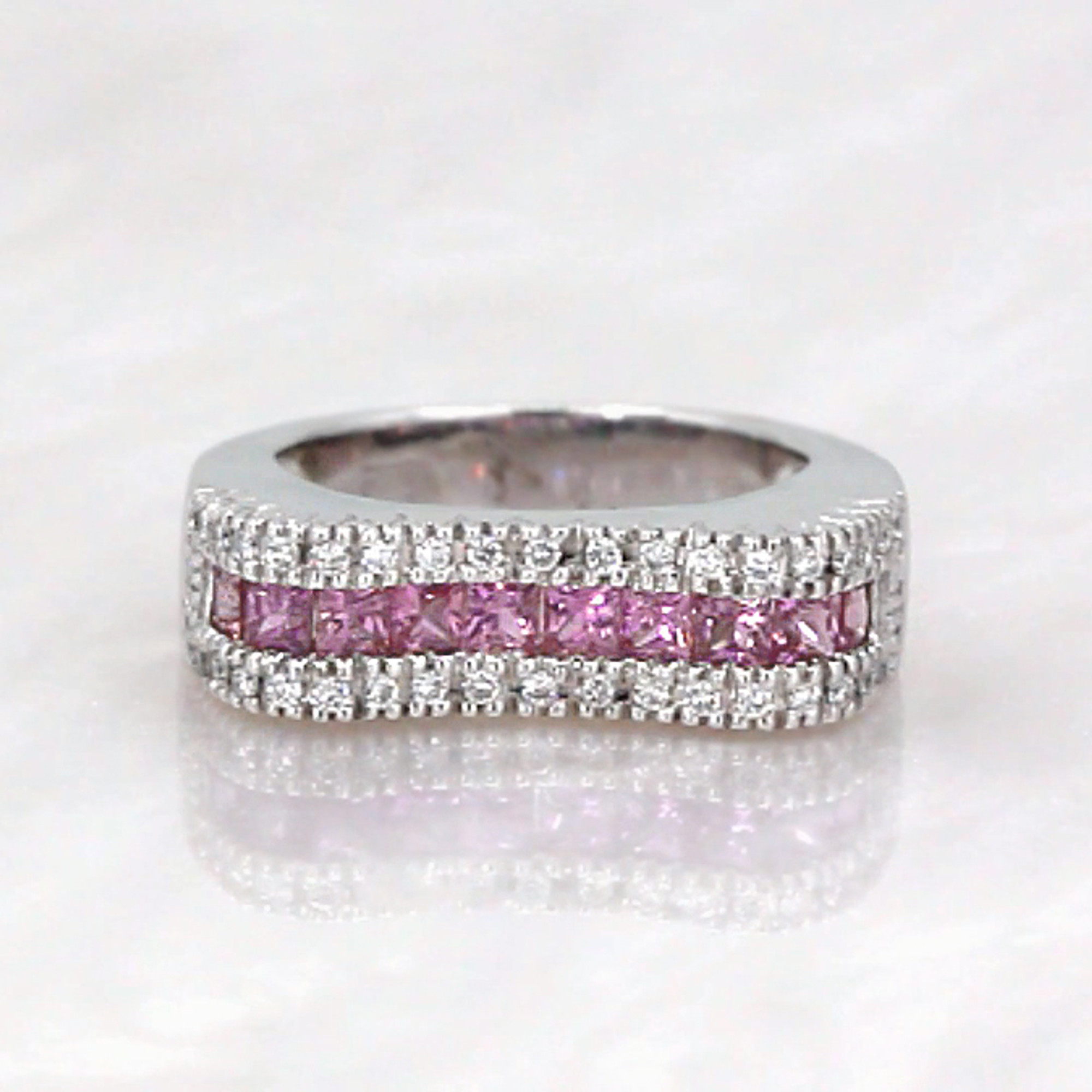 14k White Gold Saddle Ring with Diamonds & Pink Sapphires