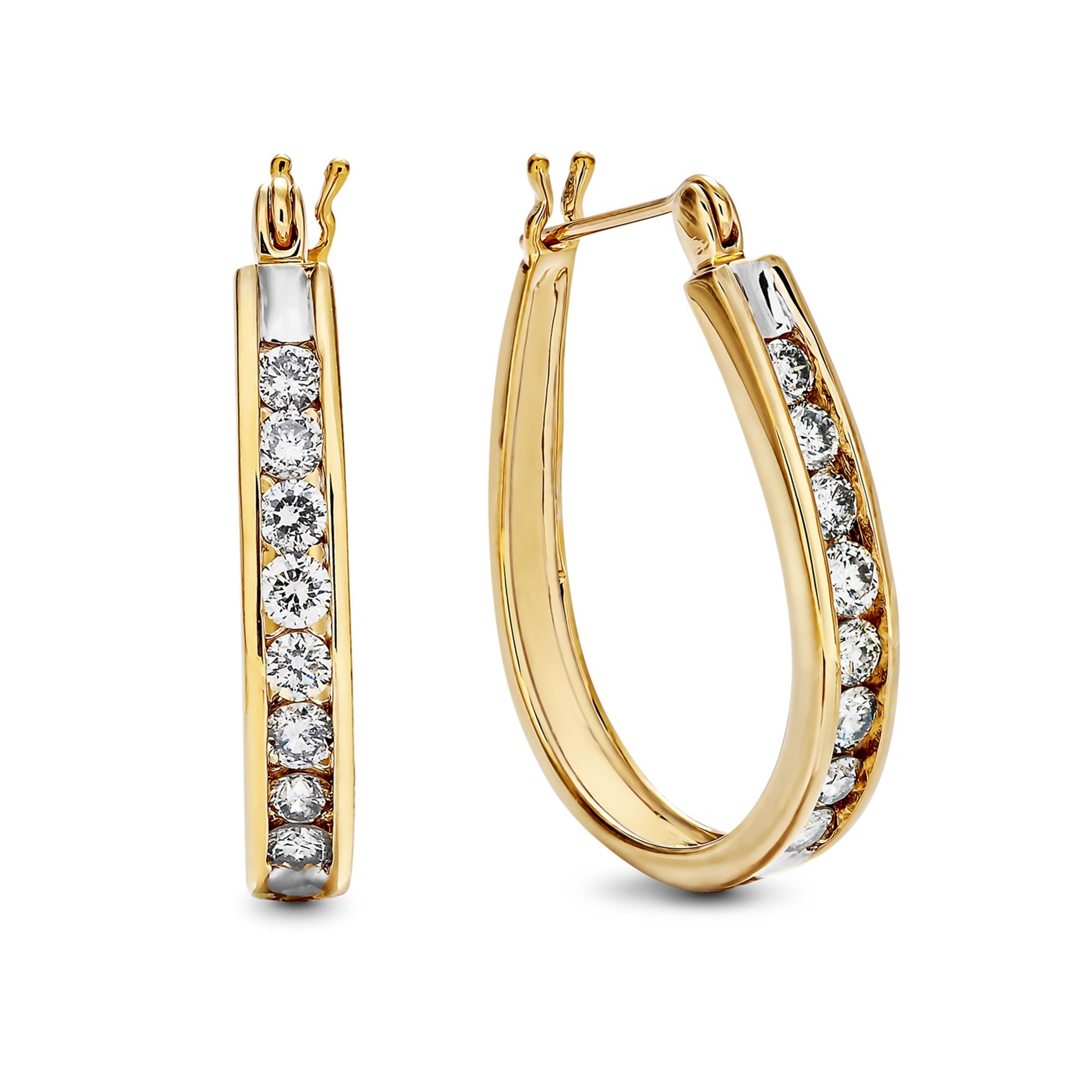 14K Yellow Gold & Channel Set Diamond Hoop Earrings - 1ct Diamond Hoops