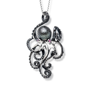 Sterling Silver, Ruby & Tahitian Pearl Hanging Octopus Necklace - Large by Galatea