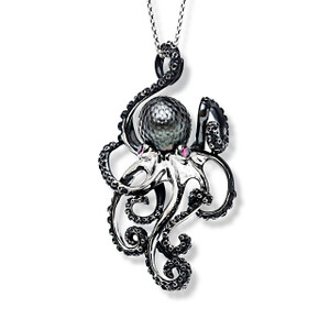 Sterling Silver, Ruby & Tahitian Pearl Hanging Octopus Necklace
