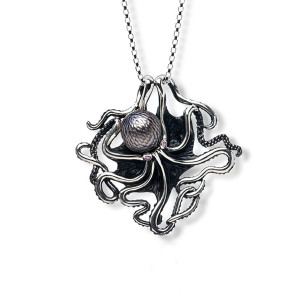 Sterling Silver, Hand Carved Tahitian Pearl & Ruby Octopus Necklace by Galatea Sterling Silver, Hand Carved Tahitian Pearl & Ruby Octopus Necklace by Galatea