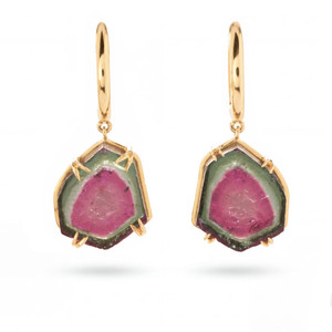 14k Yellow Gold & Watermelon Tourmaline Hoop Earrings