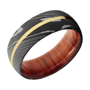 8mm Damascus Steel Domed Band with 14K Yellow Gold Inlay and Pernambuco Wood Sleeve