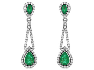 14k White Gold, Emerald & Diamond Dangle Earrings by Royal Jewelry 14k White Gold, Emerald & Diamond Dangle Earrings by Royal Jewelry