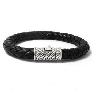 Samuel B Sterling Silver Woven Black Leather Men's Bracelet