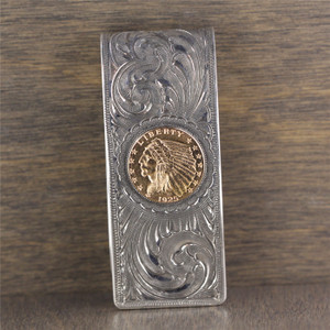 Sterling Silver Hand Engraved $2.50 Indian Head Gold Coin Moneyclip Sterling Silver Hand Engraved $2.50 Indian Head Gold Coin Moneyclip