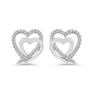 10k White Gold & Diamond Double Diamond Heart Earrings 10k White Gold & Diamond Double Diamond Heart Earrings