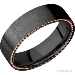 Black Zirconium 7mm Flat Band with Distressed Finish and 14K Rose Gold Rope Black Zirconium 7mm Flat Band with Distressed Finish and 14K Rose Gold Rope