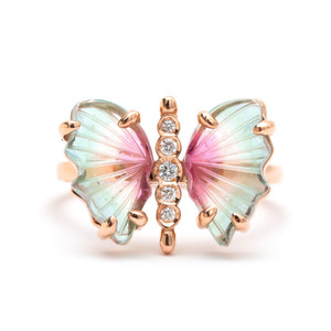 Ombre Mint Green-Pink Tourmaline Carved Butterfly & Diamond Ring Ombre Mint Green-Pink Tourmaline Carved Butterfly & Diamond Ring