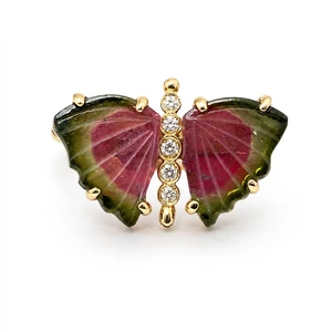 Ombre Green-Pink Tourmaline Carved Butterfly & Diamond Ring