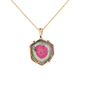14K Gold Watermelon Tourmaline Slice Necklace