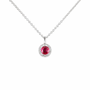 14K White Gold Ruby & Diamond Halo Necklace