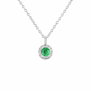 14K White Gold Emerald & Diamond Halo Necklace