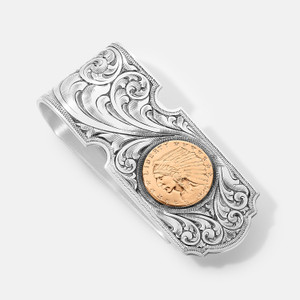 Hand Engraved Western Scroll $2.50 Indian Head Money Clip