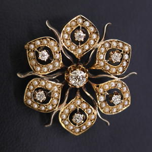 Vintage 14K Gold, Old Mine Cut Diamond and Seed Pearl Pendant / Brooch Vintage 14K Gold, Old Mine Cut Diamond and Seed Pearl Pendant / Brooch