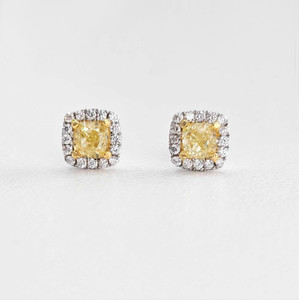 14K White & Yellow Gold Cushion Stud Halo Earrings - .47ctw Natural Yellow & White Diamonds 14K White & Yellow Gold Cushion Stud Halo Earrings - .47ctw Natural Yellow & White Diamonds