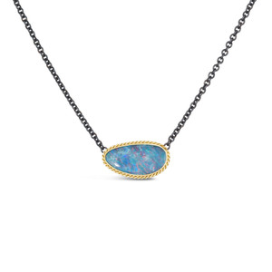 Oxidized Sterling Silver & 18K Gold Australian Opal Petite Necklace by Amali Oxidized Sterling Silver & 18K Gold Australian Opal Petite Necklace by Amali