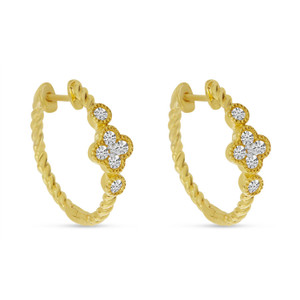 14K Yellow Gold Diamond Clover Twist Hoop Earrings by Brevani 14K Yellow Gold Diamond Clover Twist Hoop Earrings by Brevani