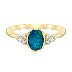 10K Yellow Gold Bezel Set Oval Australian Opal Doublet & Diamond Ring 10K Yellow Gold Bezel Set Oval Australian Opal Doublet & Diamond Ring