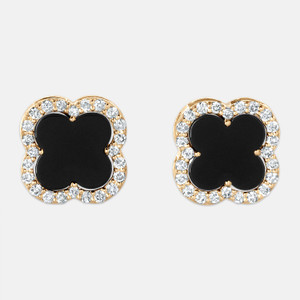 14K Yellow Gold Onyx & Diamond Clover Screwback Earrings 14K Yellow Gold Onyx & Diamond Clover Screwback Earrings
