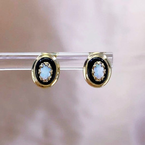 14K Yellow Gold Vintage Style Opal & Black Onyx Earrings