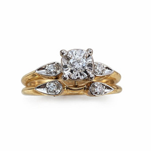 14K Yellow Gold 1950s Diamond Wedding Set