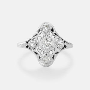 Ladies Art Deco 18K White Gold and Diamond Filigree Navette Ring Ladies Art Deco 18K White Gold and Diamond Filigree Navette Ring