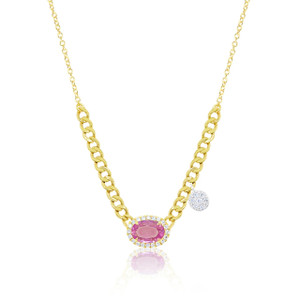 14K Yellow Gold Cuban Link Diamond & Pink Sapphire Necklace by Meira T