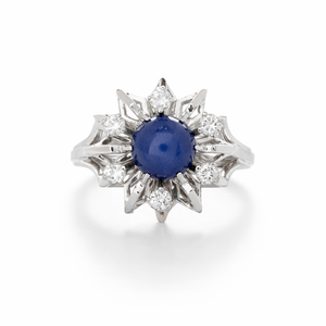 Mid-Century 14K White Gold Star Sapphire & Diamond Starburst Ring