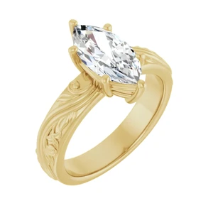 14K Yellow Gold Vine and Leaf Motif Marquise Solitaire Engagement Ring