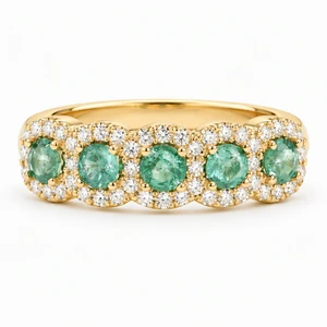 14K Yellow Gold Emerald & Diamond Scalloped Halo Ring