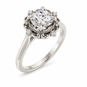 14K White Gold 1.04ct Round Brilliant Center Filigree Halo Engagement Ring