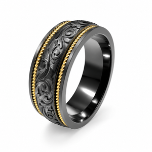 8mm Black Zirconium Western Scroll Engraved Band with 14K Yellow Gold Rope Inlays
