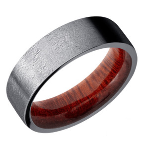 7mm Tantalum Wedding Band with Blood Wood Sleeve, Distressed Finish