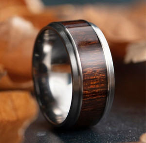 9mm Titanium Flat Band with Grooved Edges with Cocobolo Wood Inlay 9mm Titanium Flat Band with Grooved Edges with Cocobolo Wood Inlay