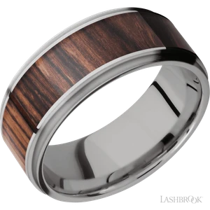 9mm Titanium Flat Band with Grooved Edges with Cocobolo Wood Inlay