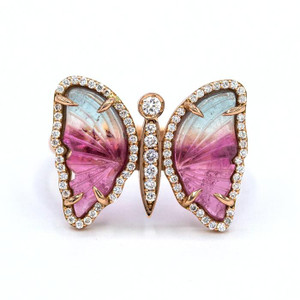 14k Rose Gold, Diamond & Ombre Tourmaline Carved Butterfly Ring 14k Rose Gold, Diamond & Ombre Tourmaline Carved Butterfly Ring