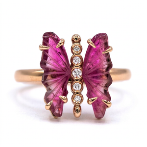 14k Rose Gold, Diamond  & Watermelon Carved Butterfly Ring