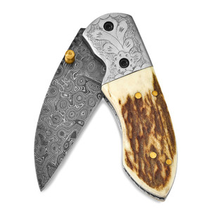 Damascus Steel Stag Horn Folding Knife Damascus Steel Stag Horn Folding Knife