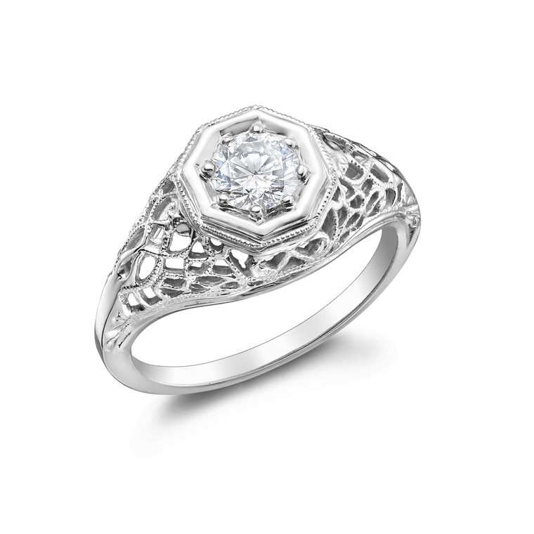 VICTORIA - 14K White Gold and Diamond Vintage Engagement Ring