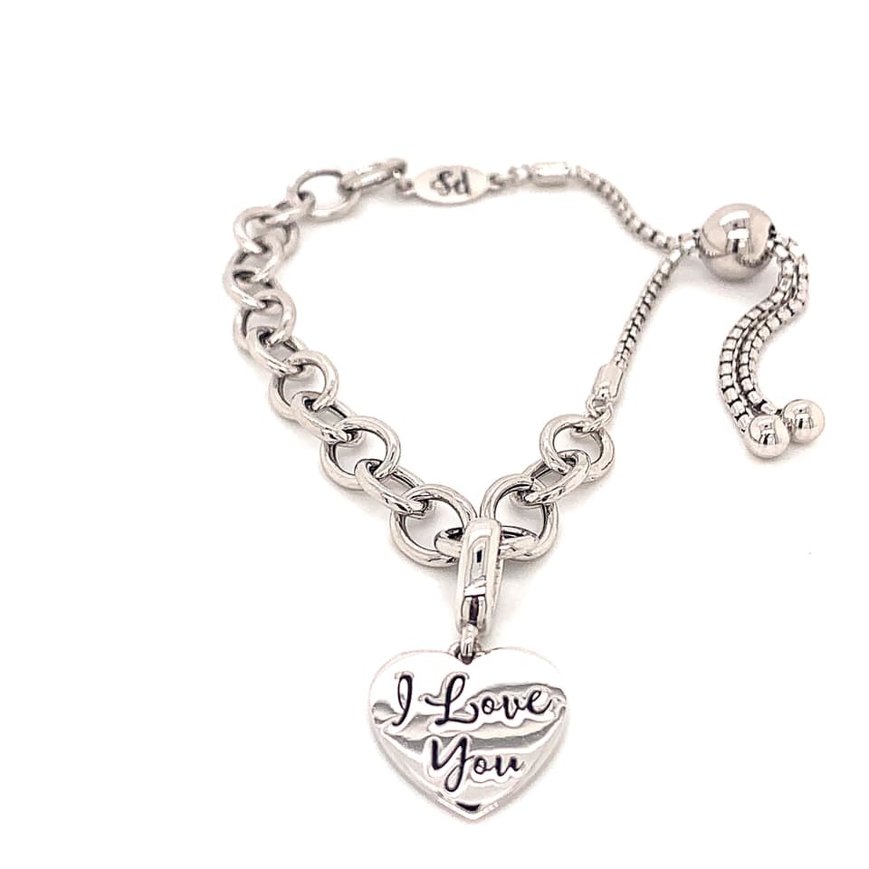 Sterling Silver Heart Charm Bolo Bracelet