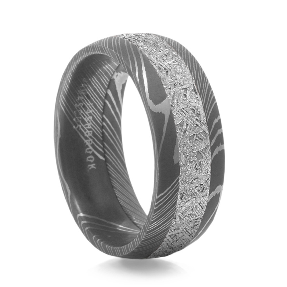 Damascus Steel and Meteorite Mens wedding band by Lashbrook Designs