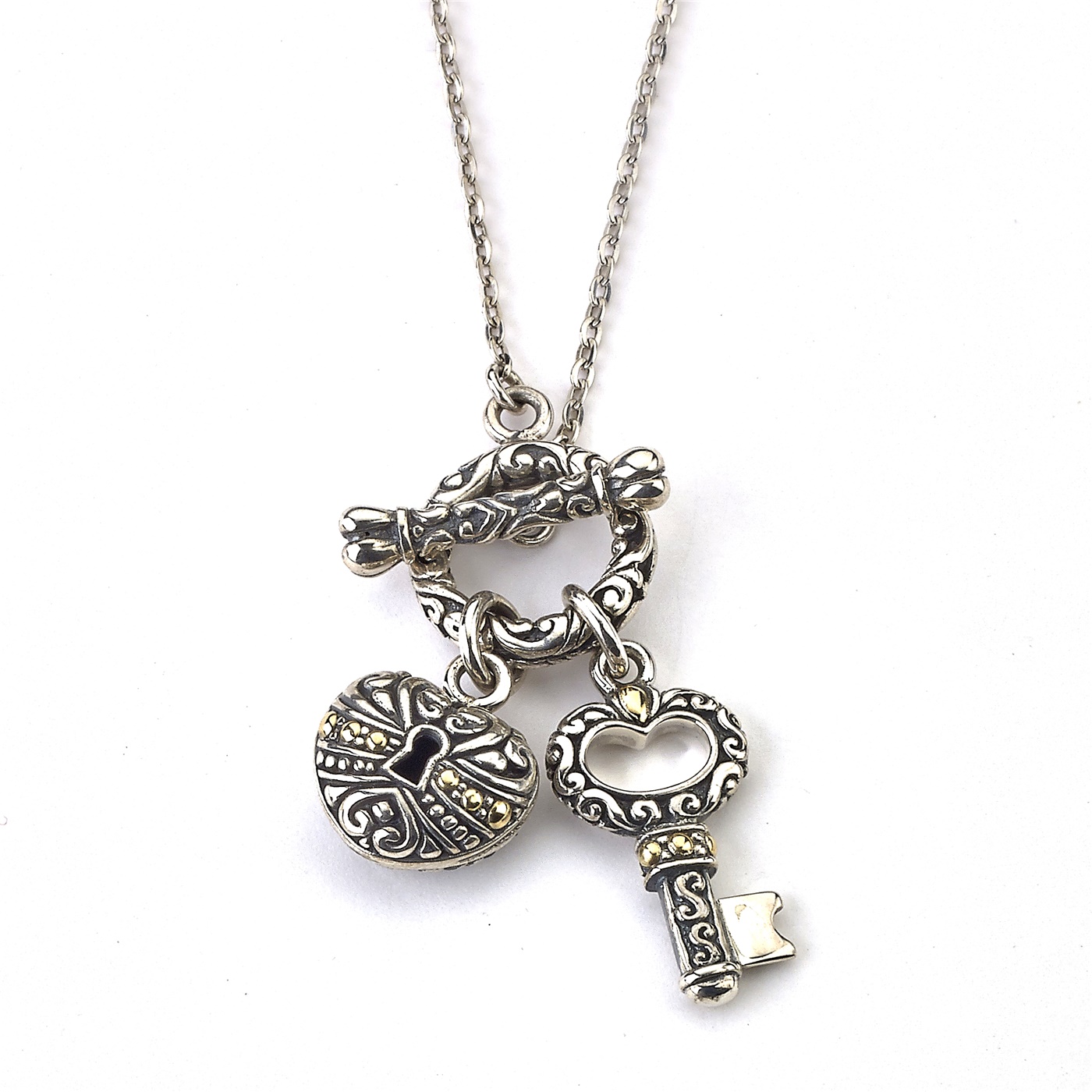 Samuel B. Sterling Silver Toggle Necklace with Heart Lock and Key