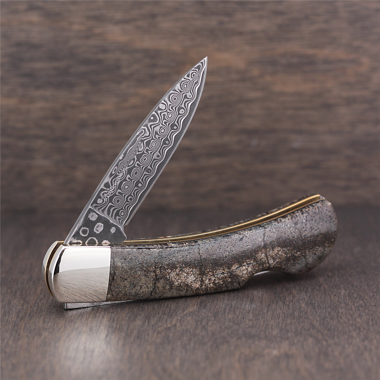 Fossilized Woolly Mammoth Tusk 3 Inch Knife w Damascus Blade