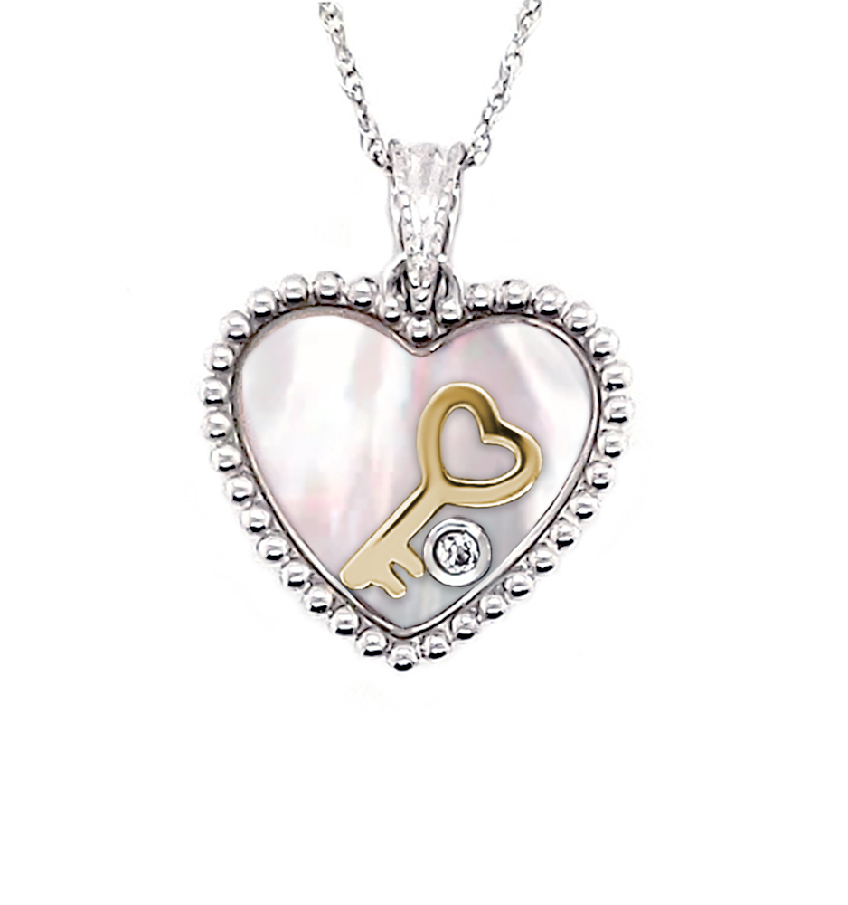 10k White Gold Mother of Pearl Heart Pendant with Floating Key