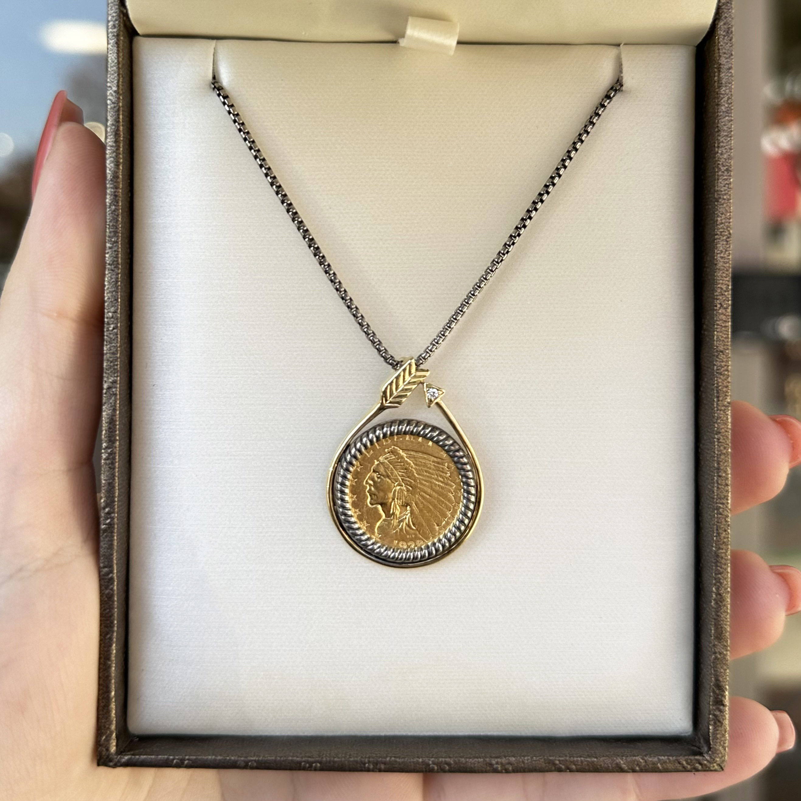 U.S. $2.50 Indian Head Gold Coin Necklace, Arrow Style with Diamond
