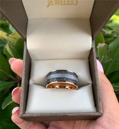 14K Rose Gold, Meteorite and Black Diamond Mans Wedding Band